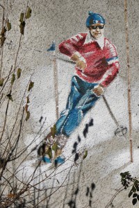 skiing painting on the wall in chatel in france near portes du soliel