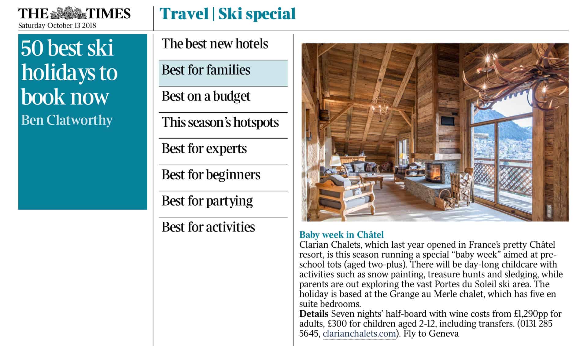 Article in The Times news paper-50 best ski holidays