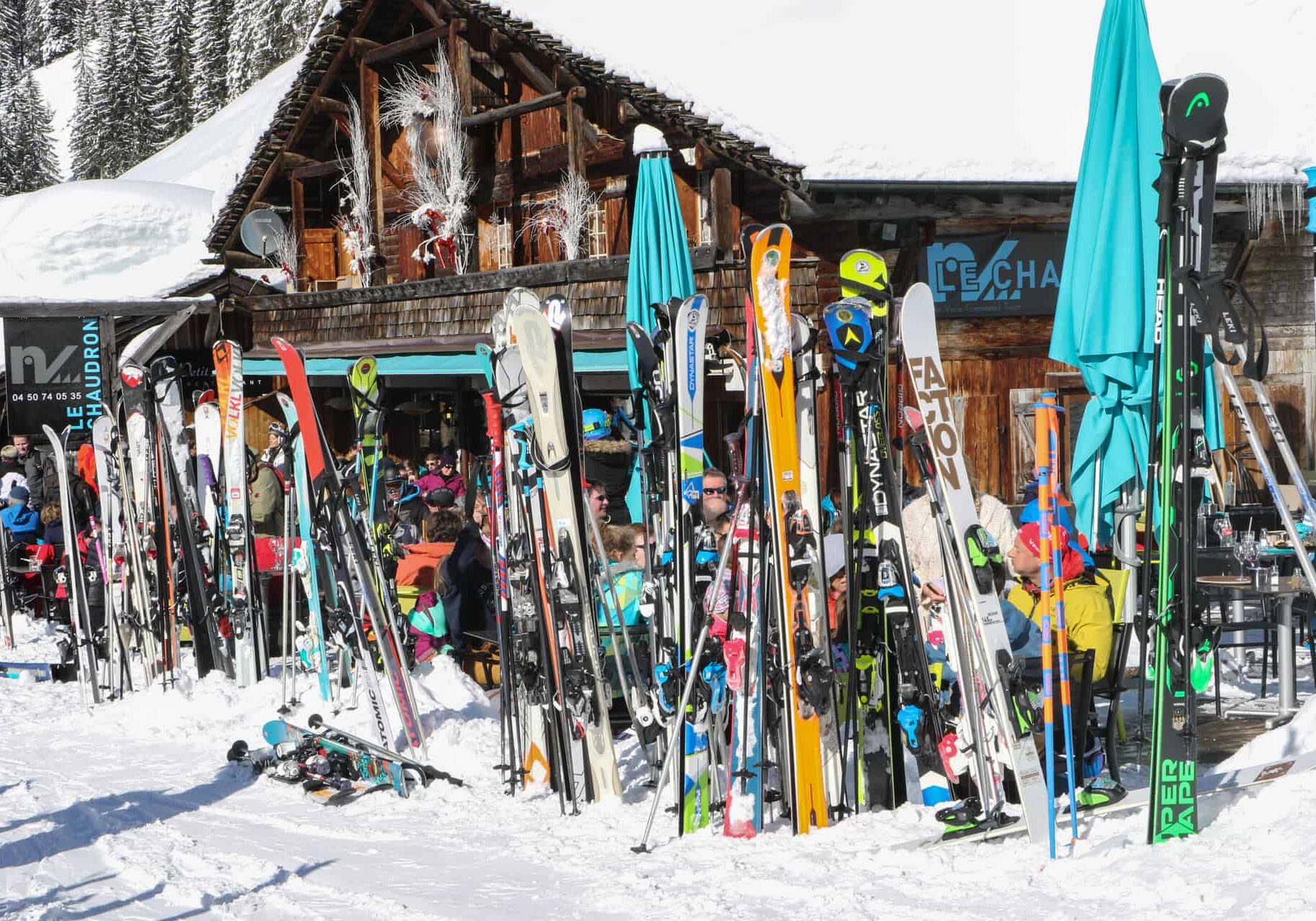 skis outside a mountain restaurant