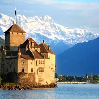 A view of the Chateau de Chilean looking across Lake Geneva