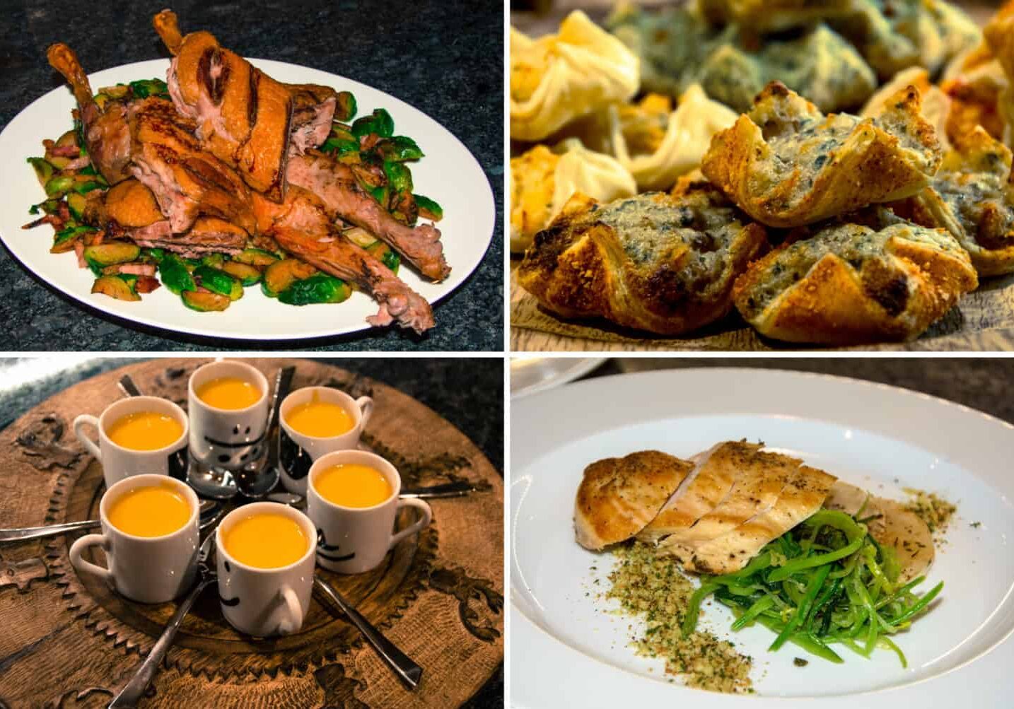 Pictures of roast duck, roast chicken, soup in espresso cups and pastry canapes